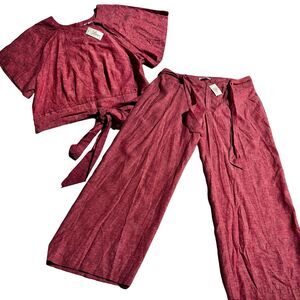 Linea Donna Linen Blend 2 Piece Set Matching Wide Leg Pants Top Red Sz 1X 2X NWT